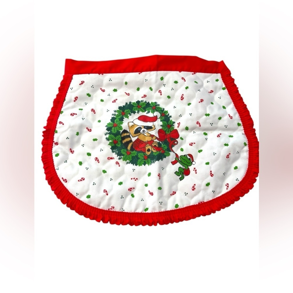 Vintage Christmas Half Apron Quilted Festive Raccoon and Frog
